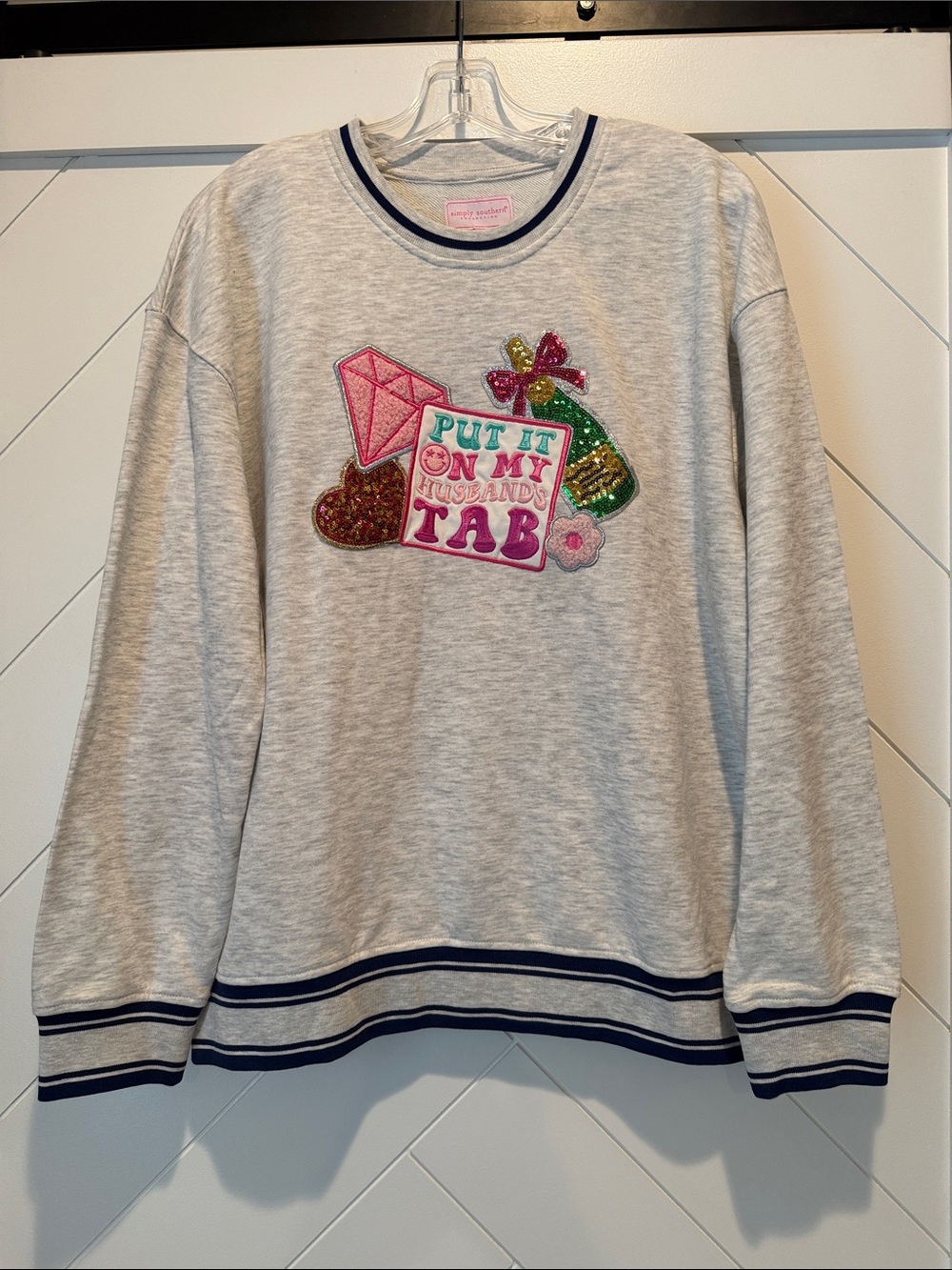 Simply Southern Light Gray Crewneck Sweatshirt with Pink & Green Patch